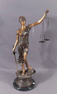 BRONZE SCULPTURE "SCALES OF JUSTICE": Brown patina. Very fine detail. Black marble base. 30 3/4" high.