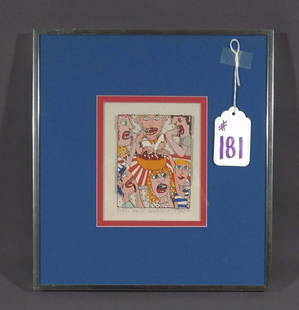 JAMES RIZZI (1950-2011) AMERICAN: Original 3D Colored Screenprint "Help Yourself". Limited Edition 112/150. Circa 1986. Hand signed, titled, numbered and dated. Overall framed 12 1/4" x 11 1/4".