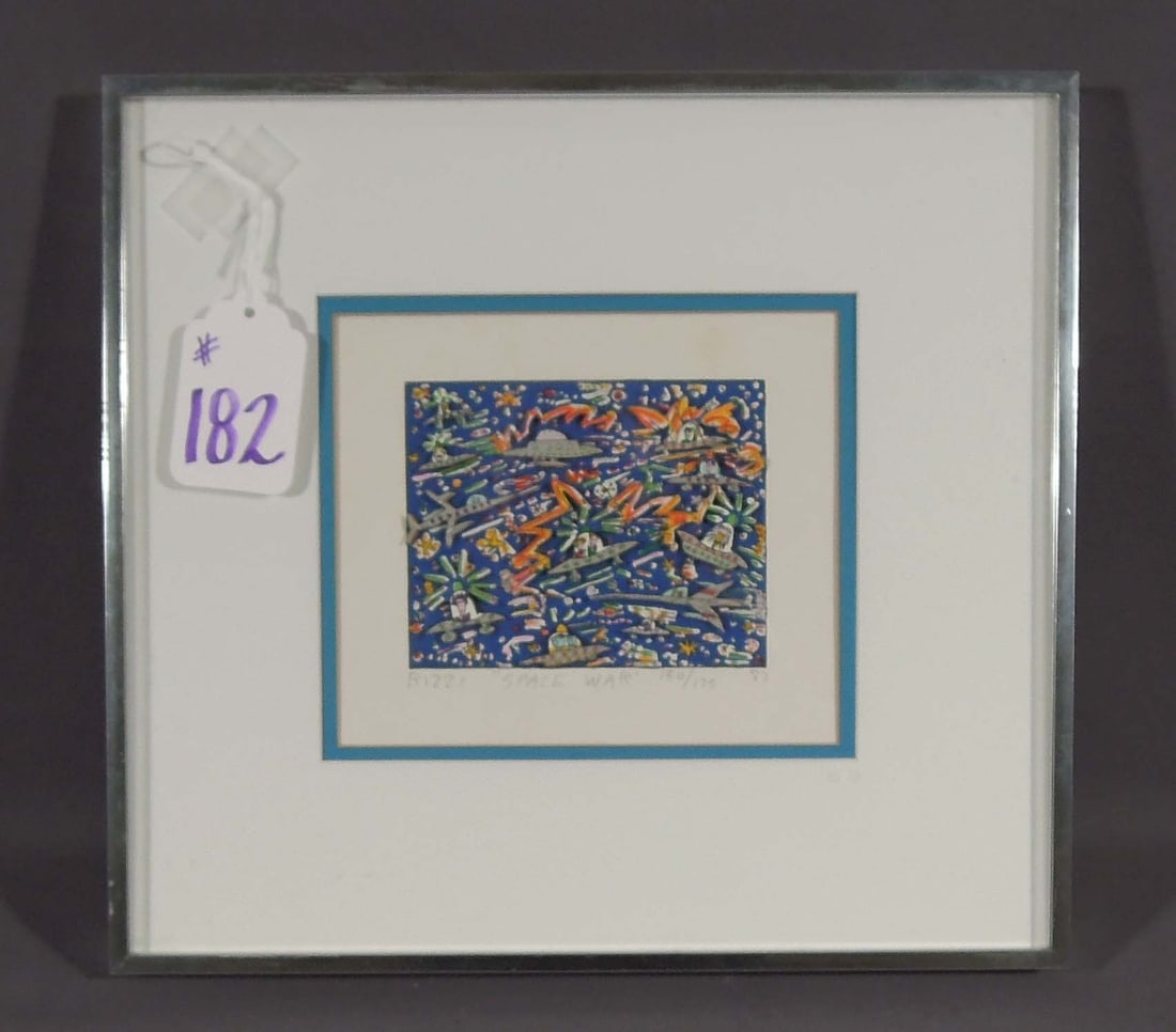 JAMES RIZZI (1950-2011) AMERICAN: Original 3D Colored Screenprint Space War". Limited Edition 150/175. Circa 1987. Hand signed, titled, dated and numbered in pencil. Overall framed 12 1/4" x 13 1/4".