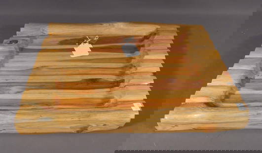 HEAVY HAND CARVED TEAK CHARCUTERIE BOARD: 2 1/2" high, 20" wide, 16 3/4" deep.