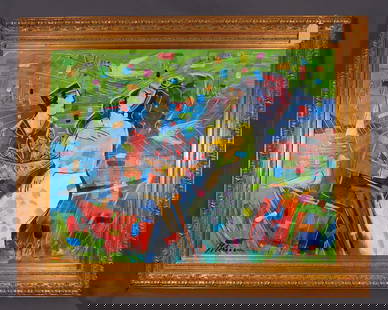 ISAAC MAIMON (1951- ) ISRAEL: Original Oil on canvas "Figures with Birds". Vivid colors. Hand signed, lower left. Excellent condition. Ornate gilt frame. Overall 39" x 49".