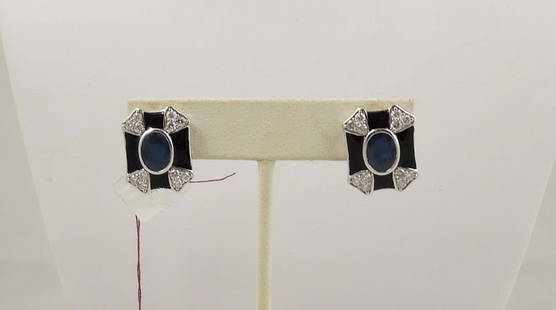 PAIR ART DECO STYLE PLATINUM, SAPPHIRE, DIAMOND AND ENAMEL EARRINGS: Earrings with a French clip back. Total sapphire weight 3.35 cts. Total diamond weight 1.10 cts.