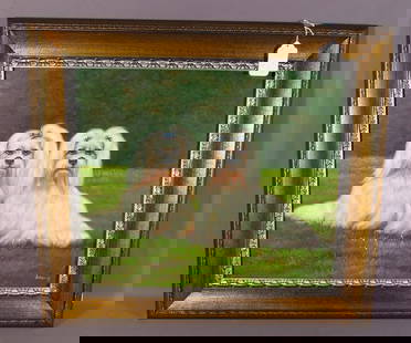 ADORABLE ORIGINAL OIL ON CANVAS: TWO SEATED PUPPIES: Excellent detail. Signed Adams. Overall framed 28" x 31 1/2".
