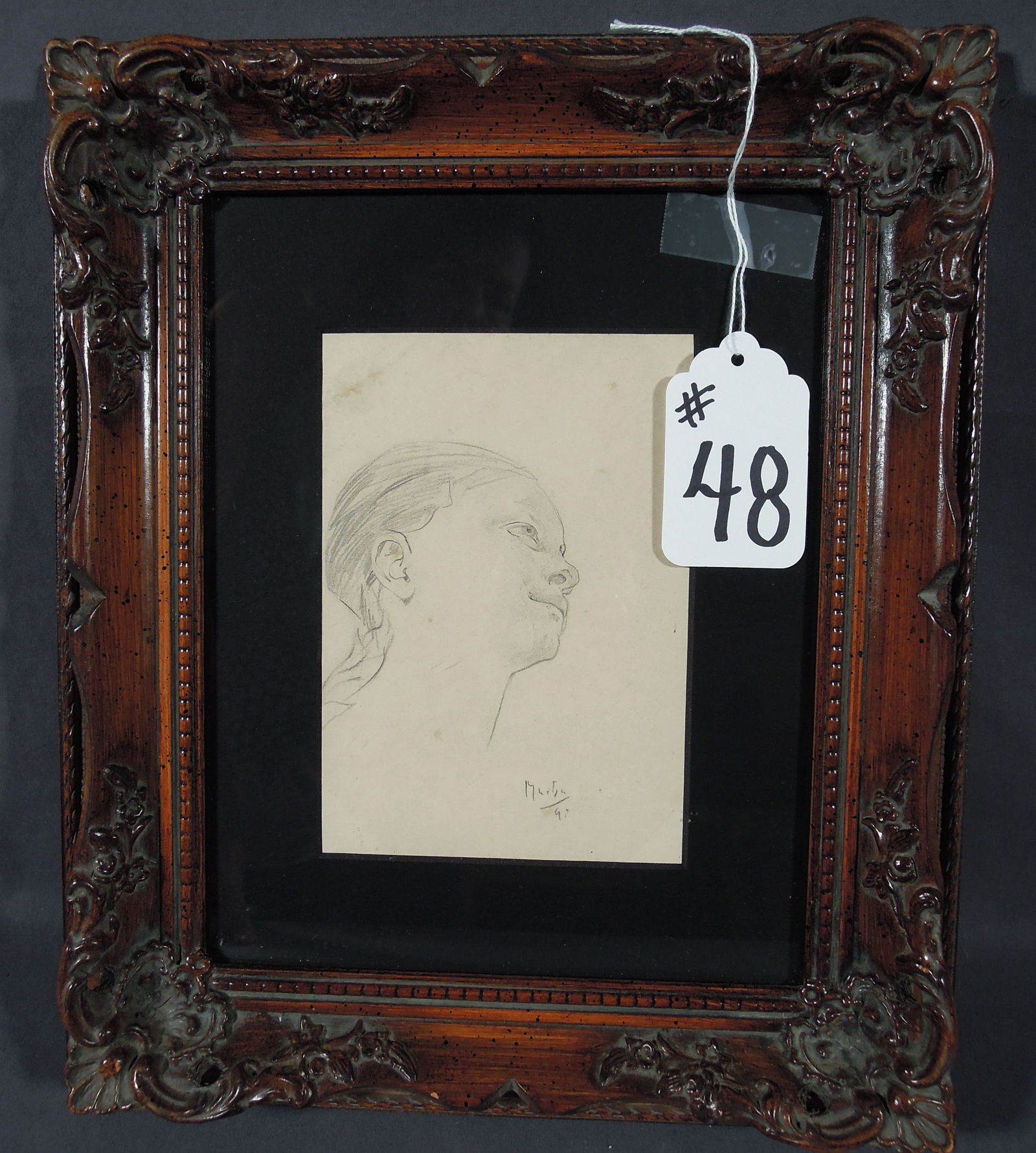 ALPHONSE MUCHA (1860-1939) CZECHOSLOVAKIAN: Rare original graphite drawing on paper "Woman's Profile". Circa 1897. Hand signed and dated. Image 6 1/4" x 4 1/2", Overall 13" x 11"