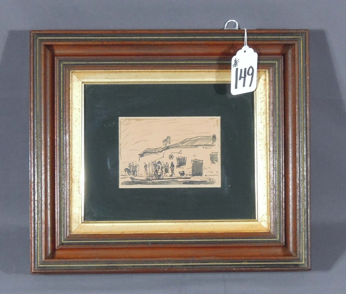 MAX WEBER (1881-1961) AMERICAN: Original watercolor on paper mounted on board "Street Scene with Figures". Image 4" x 4 1/2", Overall framed 13" x 15".