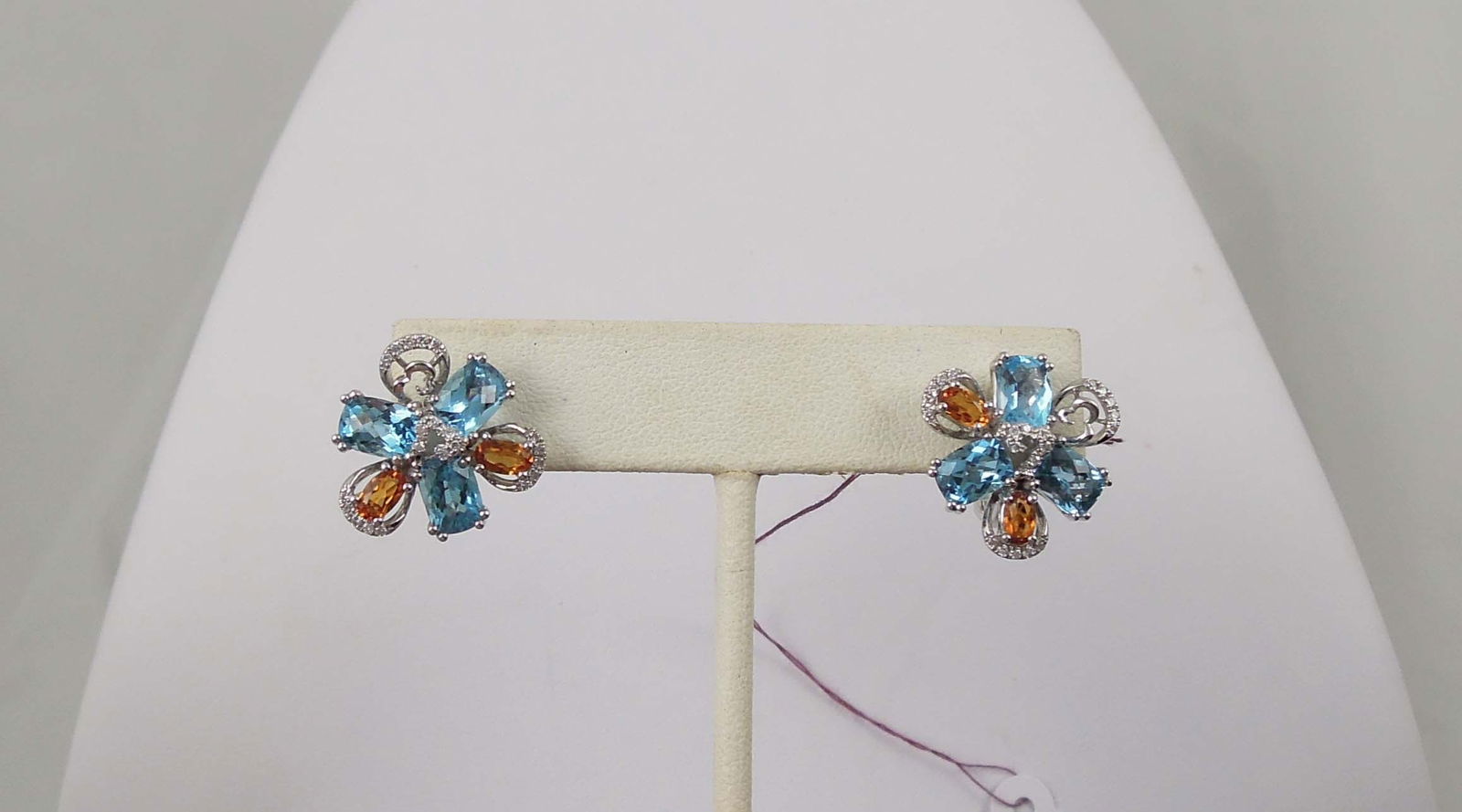 PAIR LADIES 14K W.G., BLUE TOPAZ, CITRINE & DIAMOND EARRINGS (1 of 1)