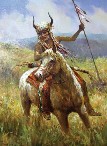 OIL ON CANVAS: INDIAN ON HORSEBACK BY TROY DENTON: OIL ON CANVAS: INDIAN ON HORSEBACK BY TROY DENTON (SEE PHOTO) An action oil with Indian on horseback. Indian holds up a spear. Signed lower left. Ornate gilt frame. Image 40" x 30", overall 47 1/2" x 