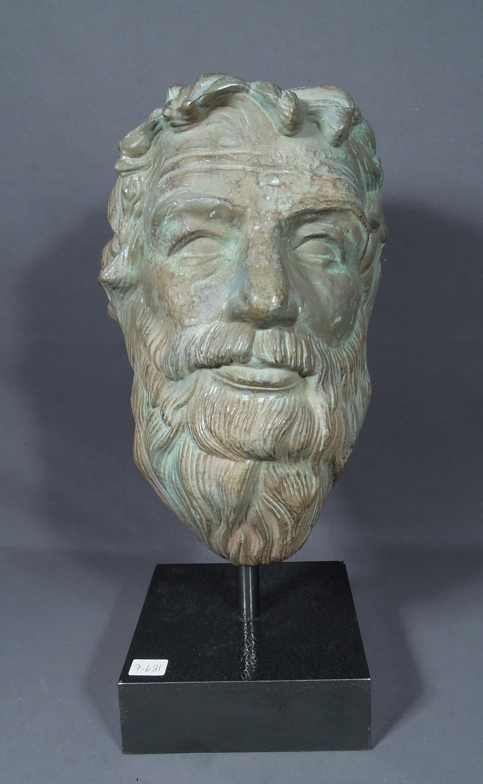 FINE METAL BUST OF ROMAN MAN: Aged green patina. 15 1/2" high.