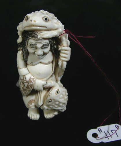 CHINESE HAND CARVED IVORY NETSUKE "MAN WITH FROG": Man with frog