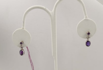 PAIR VINTAGE LADIES 14K W.G., AMETHYST & DIAMOND EARRINGS