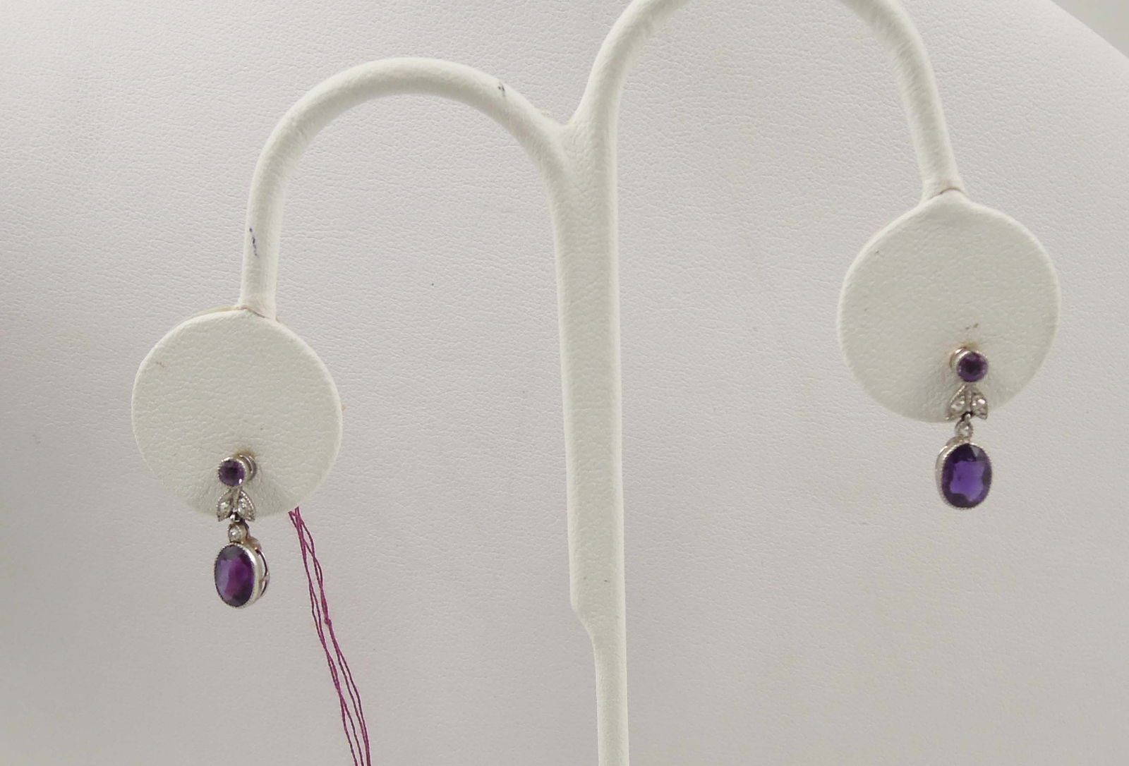 PAIR VINTAGE LADIES 14K W.G., AMETHYST & DIAMOND EARRINGS