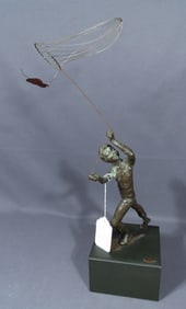 CURTIS JERE ORIGINAL BRONZE SCULPTURE OF BOY CHASING BUTTERFLY