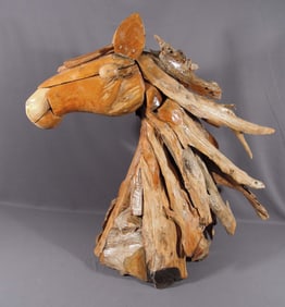 LARGE CUSTOM MADE TEAK SCULPTURE "BUST OF HORSE"