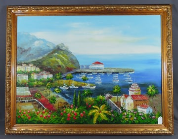 LARGE ORIGINAL OIL ON CANVAS:  HARBOR SCENE