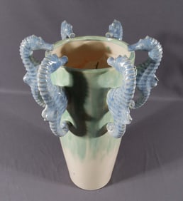 LARGE GLAZED CERAMIC VASE WITH SEAHORSES APPLIED AROUND RIM