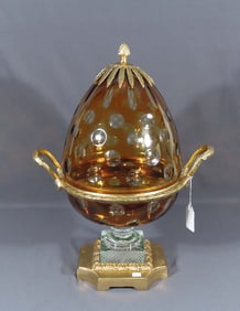 SPECTACULAR EUROPEAN CRYSTAL & DORE BRONZE COVERED PEDESTAL BOWL