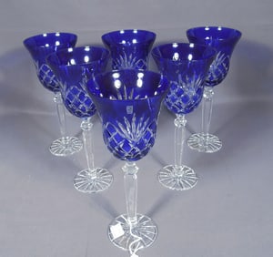 SET OF SIX COBALT BLUE CRYSTAL WINE GLASSES