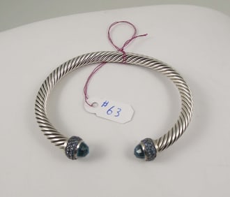DESIGNER DAVID YURMAN STERLING SILVER, BLUE TOPAZ & SAPPHIRE CABLE BRACELET