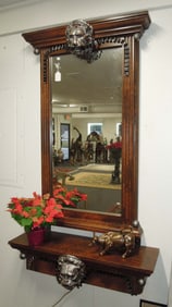 HART & ASSOCIATES HAND CARVED WOODEN MIRROR WITH LION MOTIF AND MATCHING WALL SHELF