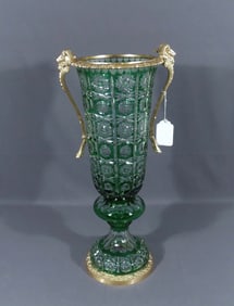 BEAUTIFUL EUROPEAN EMERALD GREEN TO CLEAR  CRYSTAL & DORE BRONZE VASE