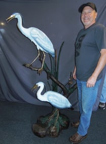 OUTSTANDING BRONZE SCULPTURE/FOUNTAIN OF TWO BLUE HERONS PERCHED ON BRANCH