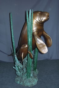 LARGE BRONZE SCULPTURE/FOUNTAIN OF MANATEE WITH BABY