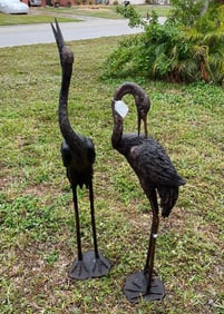 PAIR BRONZE SCULPTUES/FOUNTAINS "STANDING CRANES"