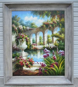 LARGE ORIGINAL OIL ON CANVAS:  TERRACE SCENE