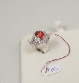 FINE LADIES 14K W.G., SPESSERITE GARNET & DIAMOND RING