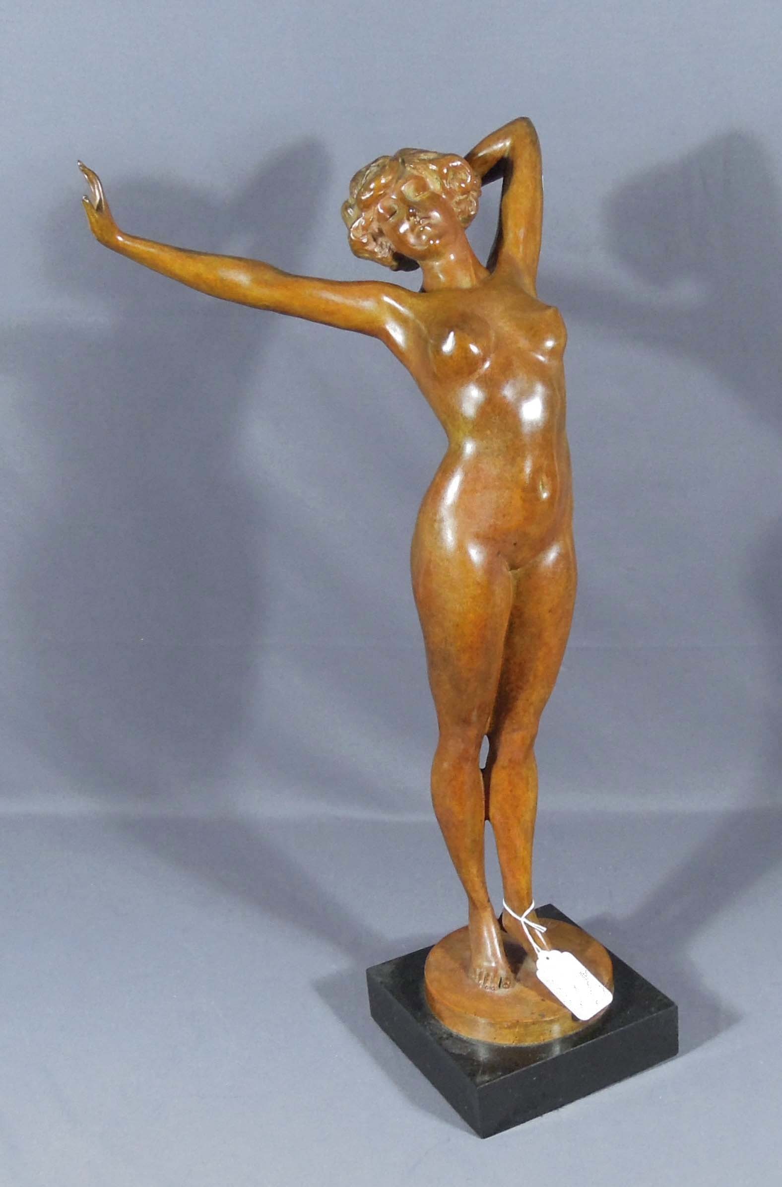 PAUL PHILIPPE (1870-1930) FRENCH: Vintage bronze sculpture "The Awakening". Beautiful golden/brown patina. Very heavy. Signed on base. 30" high.