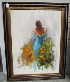 LARGE ORIGINAL OIL ON CANVAS:  WOMAN IN GARDEN