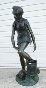 VINTAGE BRONZE SCULPTURE/FOUNTAIN OF YOUNG GIRL WITH BUCKET