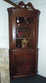 HAND CARVED ENGLISH MAHOGANY CORNER CABINET