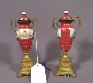PAIR ANTIQUE FRENCH HAND PAINTED BRONZE SMALL SCALE URNS