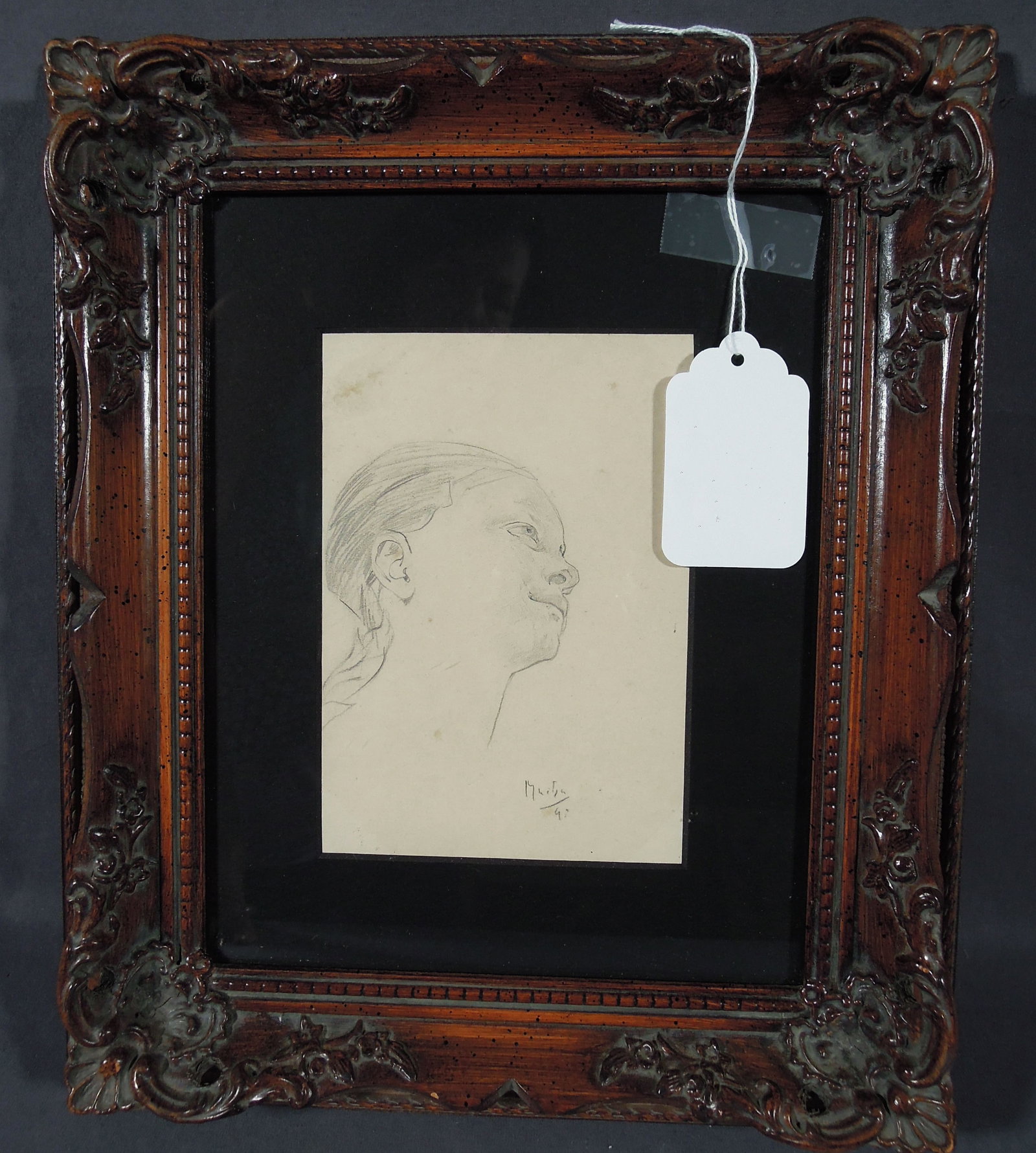 ALPHONSE MUCHA (1860-1939) CZECHOSLOVAKIAN: Rare original graphite drawing on paper "Woman's Profile". Circa 1897. Hand signed and dated. Image 6 1/4" x 4 1/2", Overall 13" x 11"