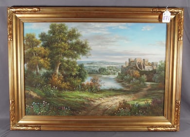 ORIGINAL OIL ON CANVAS OF LANDSCAPE - CASTLE WITH POND