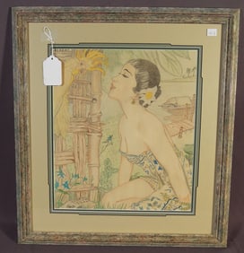 ART NOUVEAU COLORED DRAWING OF WOMAN WITH PARROT