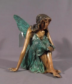 ADORABLE BRONZE SCULPTURE OF SEATED FAIRY WITH BUTTERFLY