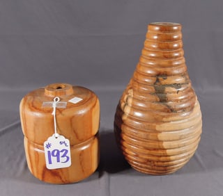 PAIR HEAVY HAND CARVED WOODEN VASES