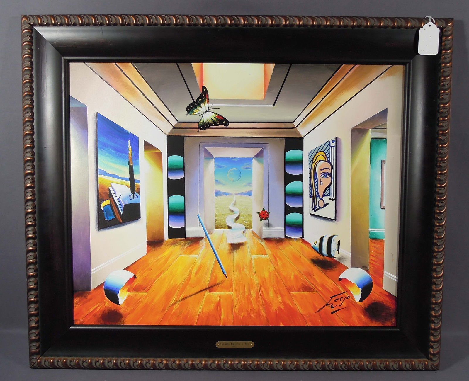 FERNANDO DE JESUS OLIVEIRA (1946- ) BRAZILIAN (FERJO): Original Oil on canvas "Hallway with Dali & Lichtenstein". Hand signed by Ferjo. Perfect condition. Overall framed 32" x 37 1/2".