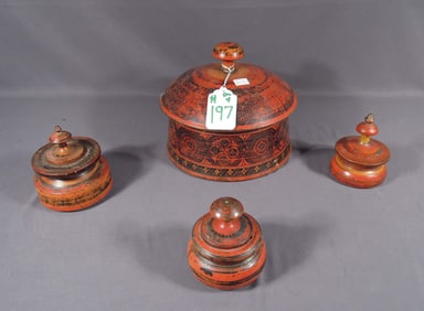GROUP OF FOUR ANTIQUE BURMA RED LACQUER CARVED TEAK BUDDHIST BOXES