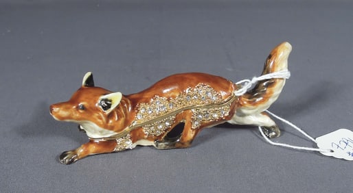 METAL, ENAMEL & RHINESTONE "FOX" TRINKET BOX