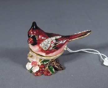 METAL, ENAMEL & RHINESTONE "CARDINAL" TRINKET BOX