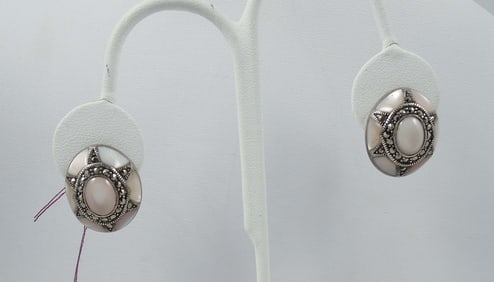 LADIES VINTAGE STERLING SILVER, PINK MOTHER-OF-PEARL & MARCASITE EARRINGS