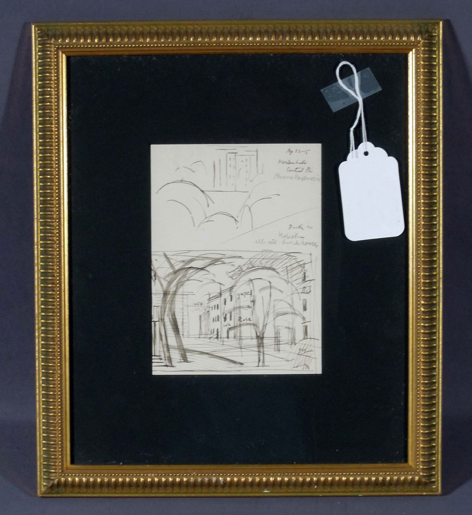 OSCAR FLORIANUS BLUEMNER (1867-1938) GERMAN: Original pen and ink on paper of two drawings. Upper drawing of Harlum Lake Centeral Park, NY. Lower drawing of Park in Hoboken, NJ. Image 6 3/4" x 5". Provenance on verso. Overall framed 13 1/2" x 11