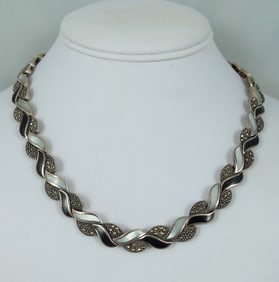 LADIES VINTAGE STERLING SILVER, ONYX, MOTHER-OF-PEARL & MARCASITE NECKLACE