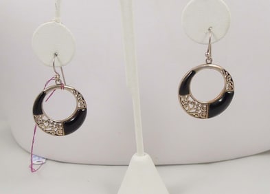 LADIES VINTAGE STERLING SILVER & ONYX DANGLE EARRINGS