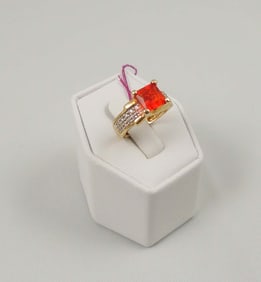 LADIES 14K Y.G., FIRE OPAL & DIAMOND RING