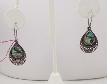 PAIR LADIES VINTAGE STERLING SILVER & ABALONE DANGLE EARRINGS