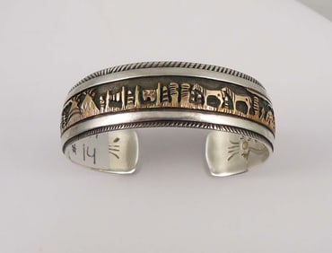 VINTAGE NATIVE AMERICAN TEESYATOH SHEPHERD STERLING SILVER & GOLD PLATED CUFF BRACELET